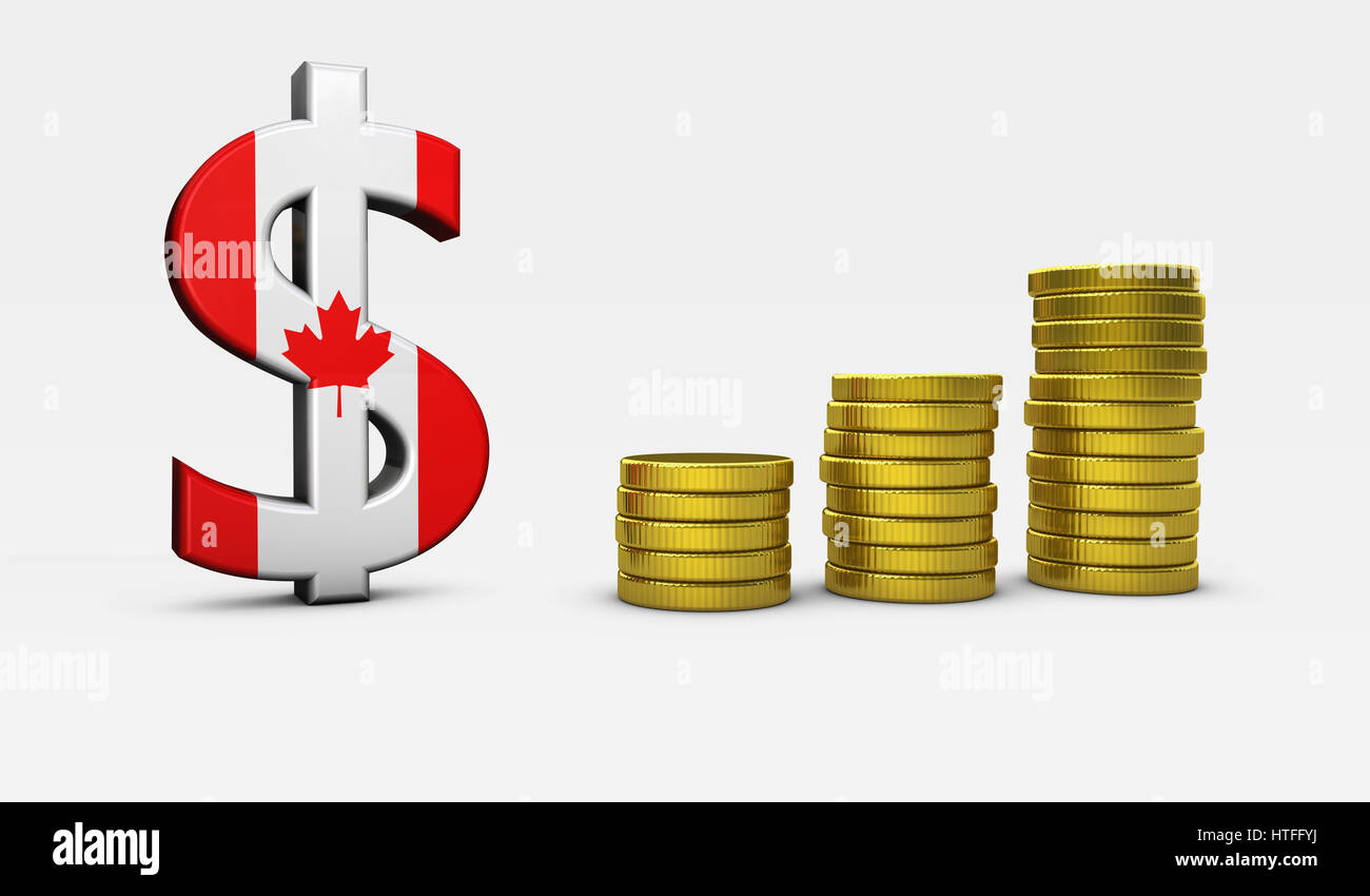L'économie du Canada concept avec drapeau canadien et dollar d'icône et de pièces d'or stacks 3D illustration. Banque D'Images