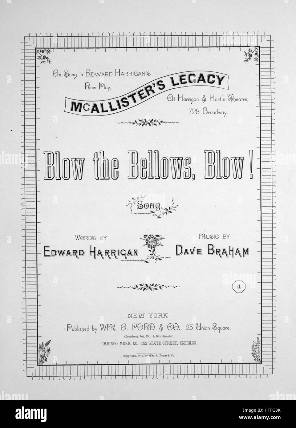 Sheet Music image de couverture de la chanson 'tous au soufflet, coup ! Song', avec des notes d'auteur original 'lecture Mots par Edward Harrigan Musique par Dave Braham', United States, 1884. L'éditeur est répertorié comme "Wm. A. Pond et Co., 25 Union Square (Broadway, pari. 15ème et 16ème rues)', la forme de la composition est "avec chœur trophique', l'instrumentation est 'piano et voix", la première ligne se lit "c'est toute la journée je travail à la forge, et blow, blow, gaiement Oh !', et l'illustration artiste est répertorié comme "J.M. Armstrong et Co., musique typographes, Philadelphia". Banque D'Images