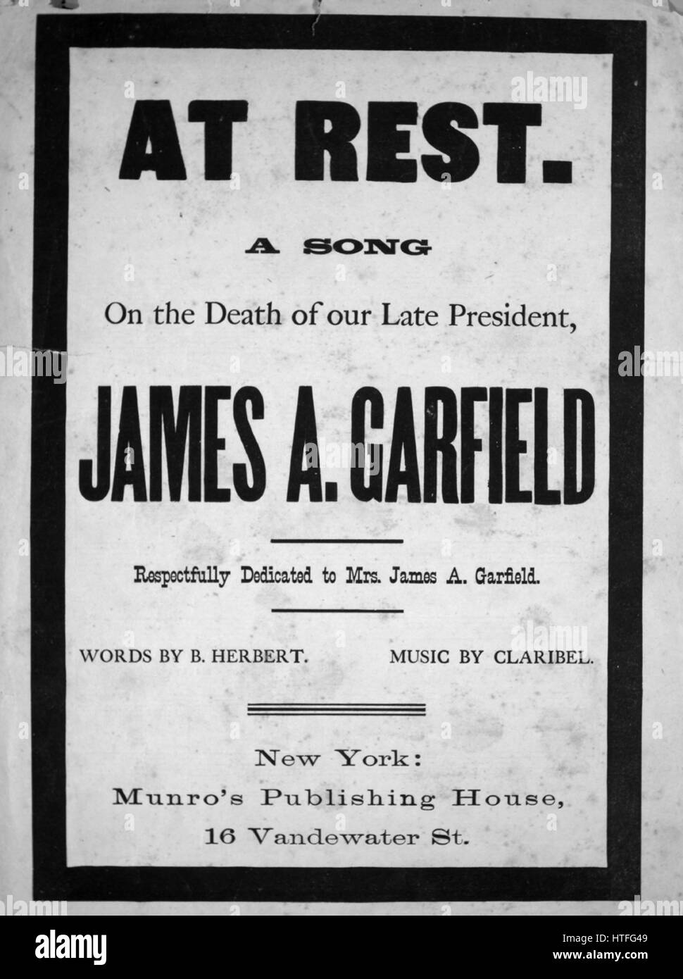 Sheet Music image de couverture de la chanson 'Au repos', une chanson avec une œuvre originale 'Lecture notes par mots B Herbert Musique par Claribel', United States, 1881. L'éditeur est répertorié comme 'Munro's Publishing House, 16, rue Vandewater', la forme de composition trophique', 'est l'instrumentation est 'piano et voix", la première ligne se lit "au reste de la vie est triste labeur, qu'il a recueillies dans ce repli', et l'illustration artiste est répertorié comme 'Aucun'. Banque D'Images