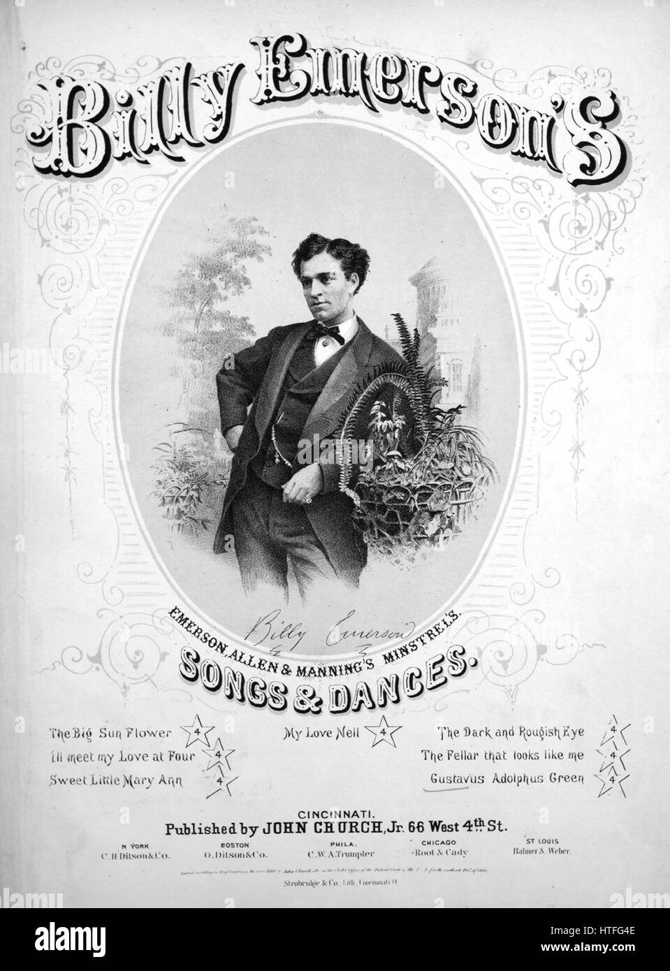 Sheet Music image de couverture de la chanson 'Gustave-adolphe Billy Vert Emerson's Chansons et danses traditionnelles, avec des notes de l'auteur original "lecture par Ned tout droit', United States, 1868. L'éditeur est répertorié comme "John Church, Jr., 66 West 4ème rue', la forme de la composition est "avec chœur trophique', l'instrumentation est 'piano et voix", la première ligne se lit "maintenant écoutez bien et la vérité je vous dis, à propos de ma fille et moi", et l'illustration artiste est répertorié comme "trobridge et Co. Lith. Cincinnati O.'. Banque D'Images