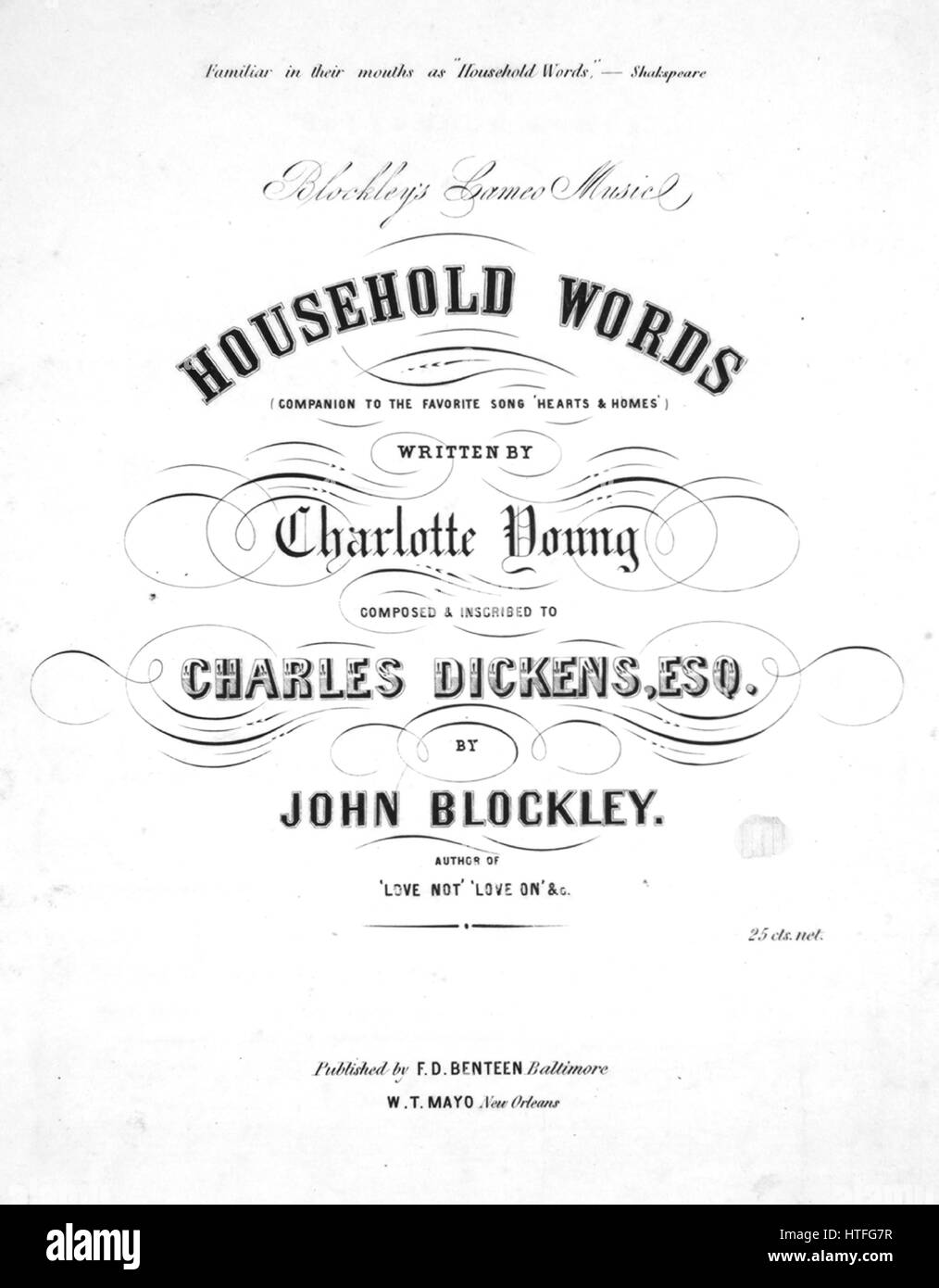 Sheet Music image de couverture de la chanson 'Blockley's Cameo Ménage Musique Mots (Compagnon de la chanson favorite 'coeur Et leurs maisons')', avec une œuvre originale 'Lecture notes Written by Charlotte jeune composé par John Blockley', United States, 1900. L'éditeur est répertorié comme "F.D. Benteen', la forme de la composition est "avec chœur trophique', l'instrumentation est 'piano et voix", la première ligne se lit 'Oh, chère à mon coeur, sont 'Les mots,' col à revers'd dans les heures de l'enfance', et l'illustration artiste est répertorié comme "Webb". Banque D'Images