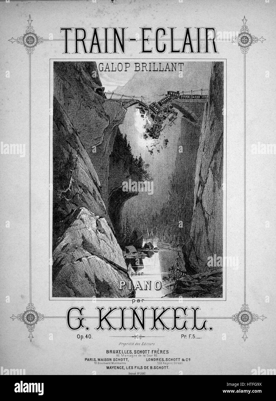 Sheet Music image de couverture de la chanson 'Train-Eclair Galop Brillant', avec une œuvre originale lecture notes 'Par G Kinkel', 1900. L'éditeur est répertorié comme 'Schott Freres, 82 Montagne de la Cour 82', la forme de composition est 'sectional', l'instrumentation est 'piano', la première ligne se lit 'Aucun', et l'illustration artiste est répertorié comme "Inst. Lith. de C.G. Roder, Leipsic'. Banque D'Images