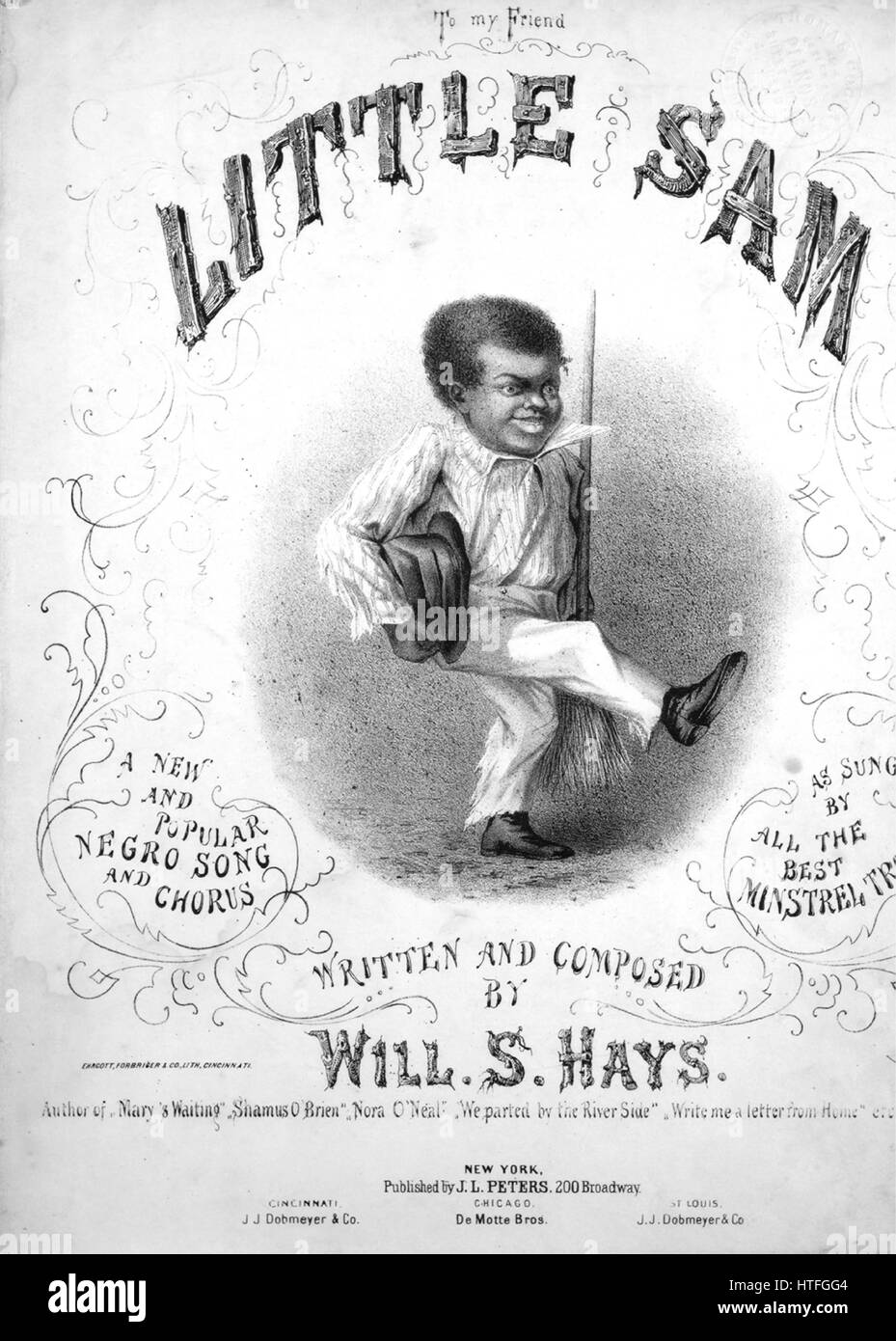 Sheet Music image de couverture de la chanson 'petit Sam', avec l'auteur original "Lecture notes écrites et composées par VA S Hays, États-Unis, 1867. L'éditeur est répertorié comme "J.L. Peters, 200 Broadway', la forme de la composition est "avec chœur trophique', l'instrumentation est 'piano et voix", la première ligne se lit "Je suis un peu heureuse darkey depuis l'Alabam whar je hoe de Cotten et de canne à sucre", et l'illustration artiste est répertorié comme 'Ehrgott, Forbriger et Co., Lith. Cincinnati'. Banque D'Images