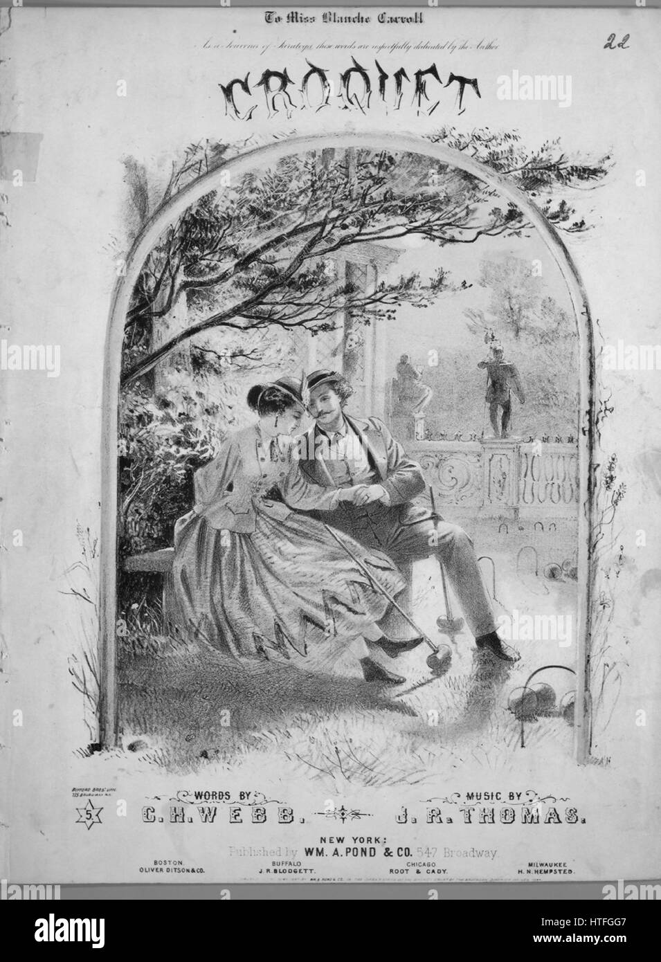 Sheet Music image de couverture de la chanson 'Croquet', avec l'auteur original "Lecture notes par mots CH Webb Musique par JR Thomas', United States, 1867. L'éditeur est répertorié comme "Wm. A. Pond et Co., 547 Broadway', la forme de composition trophique', 'est l'instrumentation est 'piano et voix", la première ligne se lit 'Out sur la pelouse à l'ev, gris ning est allé Willie et Kate', et l'illustration artiste est répertorié comme 'Bufford Bros. Lith. 735 Broadway New York ; Clayton'. Banque D'Images