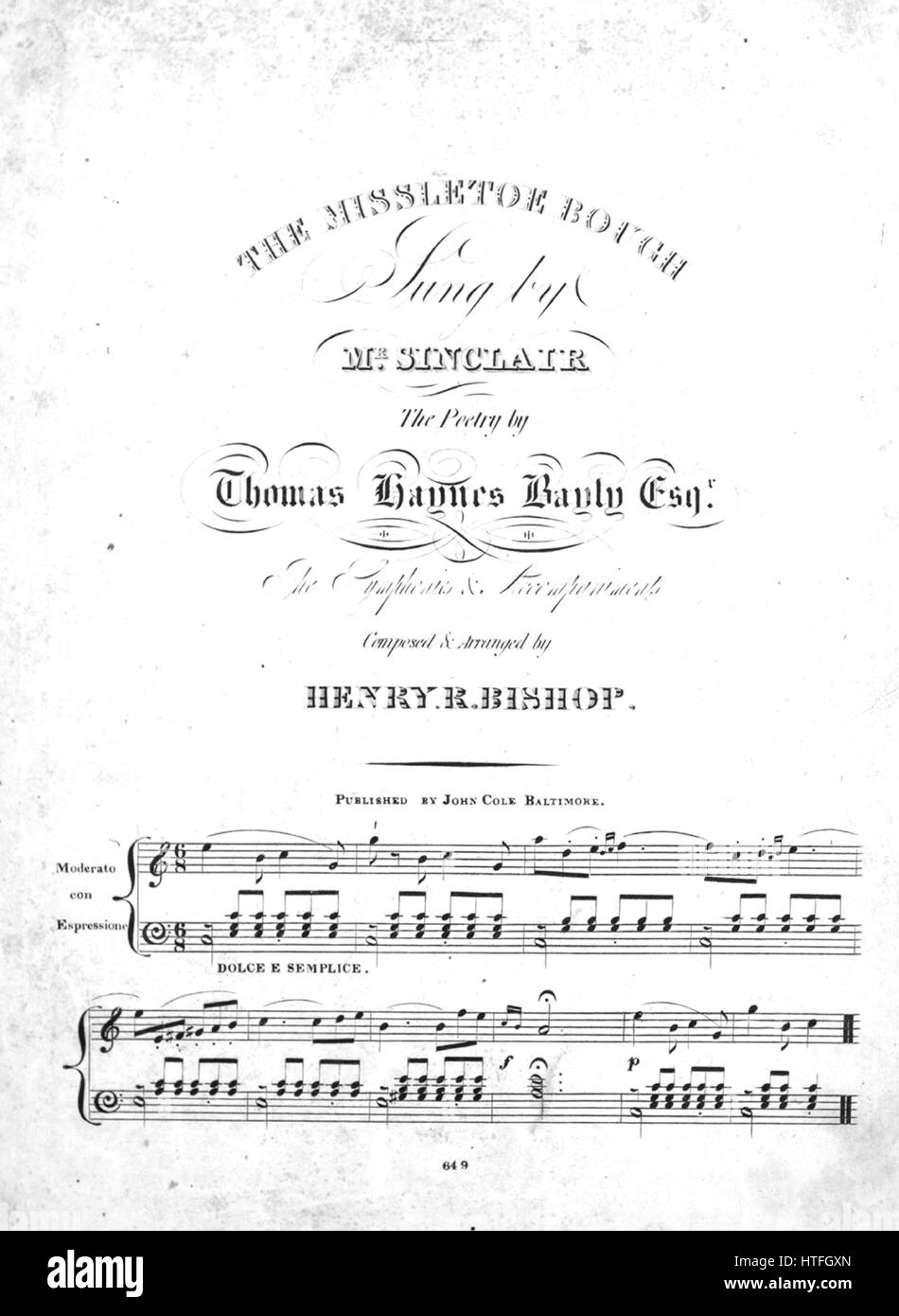 Sheet Music image de couverture de la chanson 'Le Missletoe Bough', avec l'auteur original "Lecture notes la poésie par Thomas Haynes Bayly, Esqr ; les symphonies et les accompagnements composé et arrangé par Henry R Évêque', United States, 1900. L'éditeur est répertorié comme "John Cole', la forme de composition trophique', 'est l'instrumentation est 'piano et voix", la première ligne se lit 'Le Missletoe accroché dans le hall du château, la direction générale a brillé sur le houx de chêne ancien mur', et l'illustration artiste est répertorié comme 'Aucun'. Banque D'Images