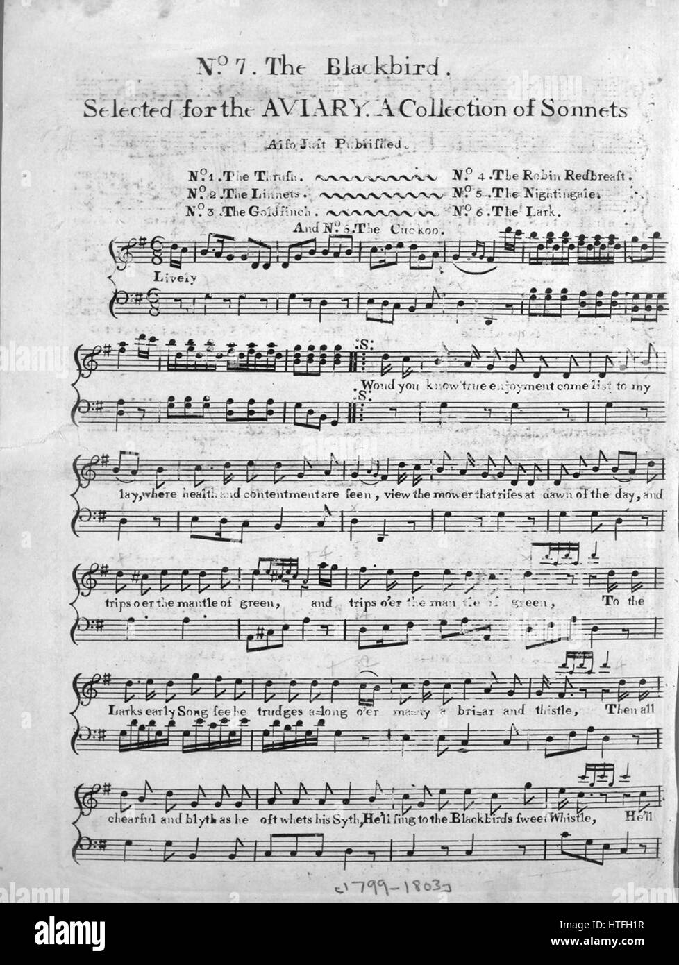 Sheet Music image de couverture de la chanson 'No 7 Le Blackbird Titre de la série sélectionnée pour la volière une collection de sonnets', avec une œuvre originale lecture notes 'na', United States, 1799. L'éditeur est répertorié comme 'I. et M. Paff, No127 Broadway', la forme de la composition est "avec chœur trophique', l'instrumentation est 'piano et voix", la première ligne du message "Voulez-vous savoir vrai jouissance venir à ma liste des laïcs, et l'illustration artiste est répertorié comme 'Aucun'. Banque D'Images