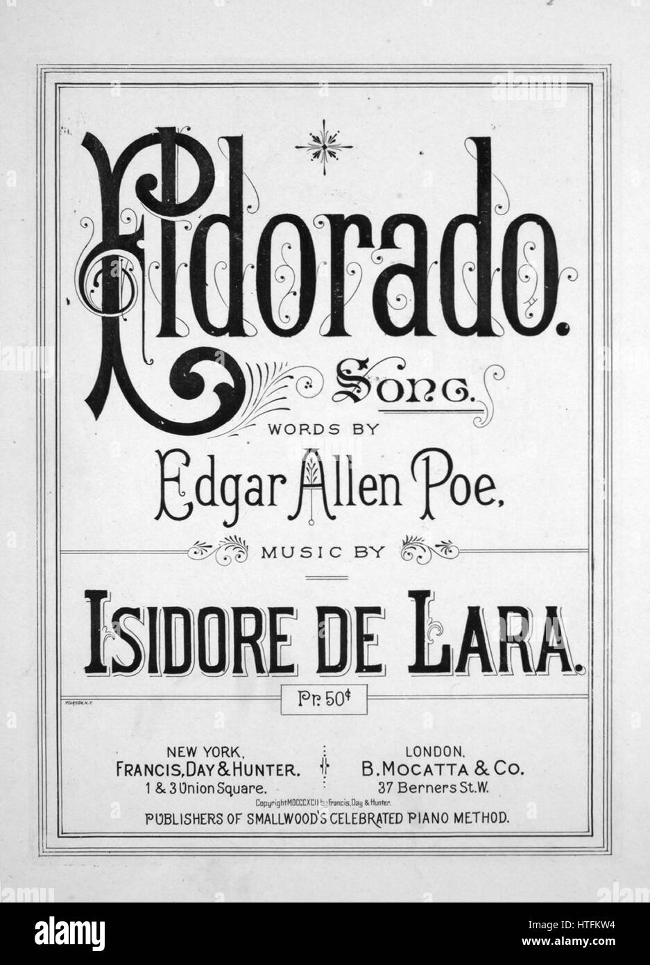 Sheet Music image de couverture de la chanson 'Eldorado', avec l'auteur  original "Lecture notes Mots d'Edgar Allan Poe Musique par Isidore De Lara",  United States, 1892. L'éditeur est répertorié comme 'Francis, jour