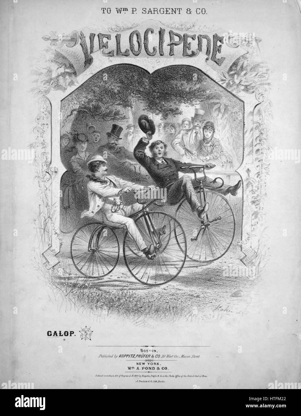 Sheet Music image de couverture de la chanson 'vélocipède', avec une œuvre originale composée par "Lecture notes du cha' Koppitz, United States, 1869. L'éditeur est répertorié comme "Koppitz, Prufer et Co., 30 Ouest Cor. Mason Street', la forme de composition est 'sectional', l'instrumentation est 'piano', la première ligne se lit 'Aucun', et l'illustration artiste est répertorié comme "Baker, del. ; A. Trochsler et Co. Lith. Boston ; Davenport'. Banque D'Images