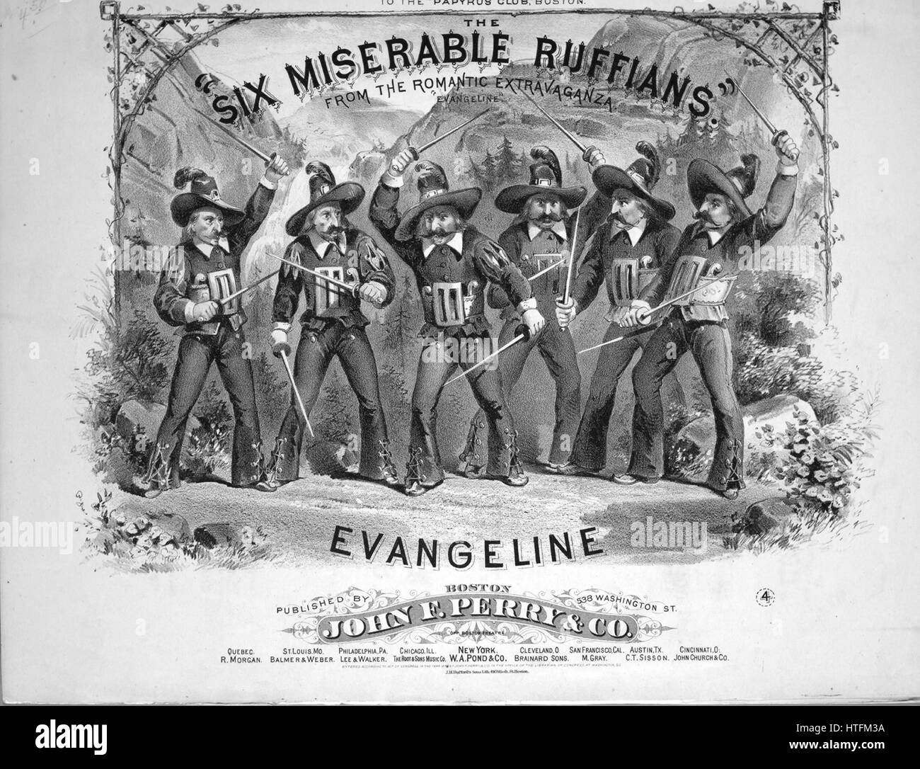 La couverture musicale de la chanson 'Six misérable ruffians, de la romantique Extravaganza 'Evangeline', avec des notes originales de l'auteur lisant 'écrit par J Cheever Goodwin composé par EE Rice', Etats-Unis, 1900. L'éditeur est répertorié comme 'John F. Perry and Co., 538 Washington St. 1875', la forme de composition est 'trophique avec chorus', l'instrumentation est 'piano et voix', la première ligne lit 'Oh nous sommes six ruffiens misérable, qui n'ont pas une seule chose à faire', Et l'artiste d'illustration est listé comme 'J.H. Les fils de Bufford, Lith. 490 Washington St. Boston; Davenport Bros. Eng. Et Banque D'Images