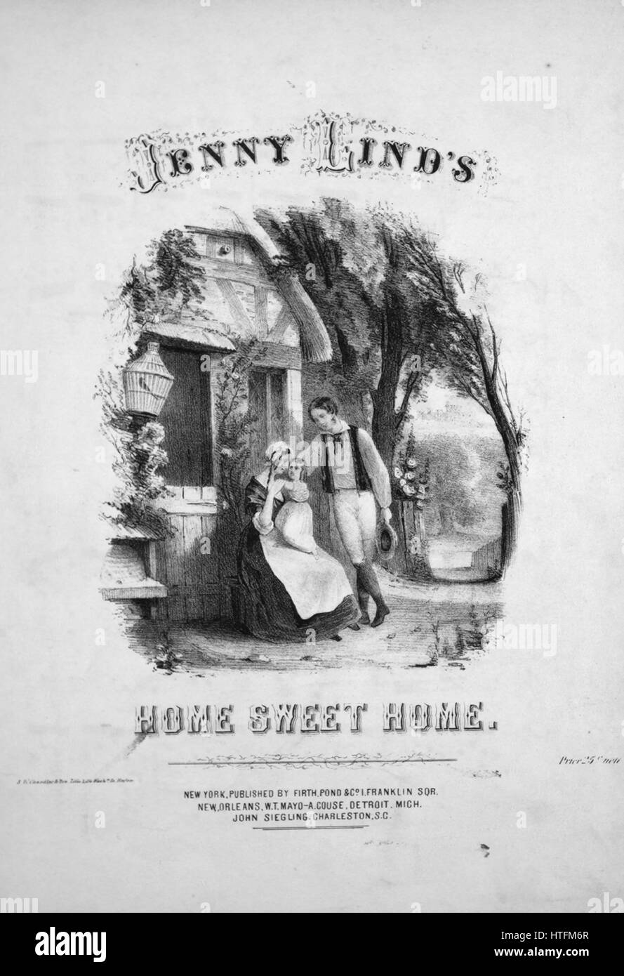 Sheet Music image de couverture de la chanson 'Jenny Lind's Home Sweet Home", avec les notes de l'auteur original à lire 'organisé par Samuel Owen', United States, 1854. L'éditeur est répertorié comme 'Firth, étang et Co., 1 Franklin Sqr.', la forme de composition trophique', 'est l'instrumentation est 'piano et voix", la première ligne se lit ''Mid plaisirs et palais bien que nous puissions errer', et l'illustration artiste est répertorié comme 'S.W. Chandler et Fr. Lith. 204 Washn. St Boston'. Banque D'Images