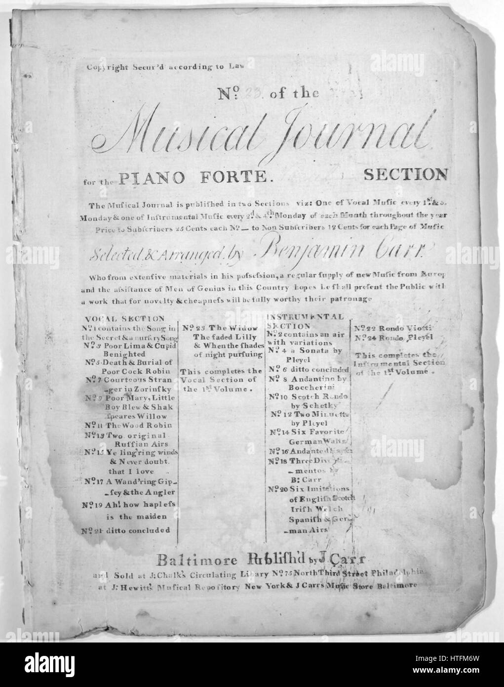 Sheet Music image de couverture de la chanson '(1) la veuve ; (2) l'est évanoui Lilly ; ou Louisa le malheur des autres ; (3) Lorsque l'ombre de nuit à titre de la série n° 23 de la revue musicale pour le piano-forte Section Vocal', avec une œuvre originale lecture notes '(1) un par la musique Southey saphiques par B Carr ; (2) Composé par R Taylor ; (3) Composé par J Hewitt', United States, 1900. L'éditeur est répertorié comme "J. Carr', la forme de composition trophique', 'est l'instrumentation est 'piano et voix", la première ligne se lit '(1) le vent de la nuit était froide rapide dérive les neiges sont tombés ; (2) O Lilly !pourquoi tant s'affaisse ta tête Banque D'Images