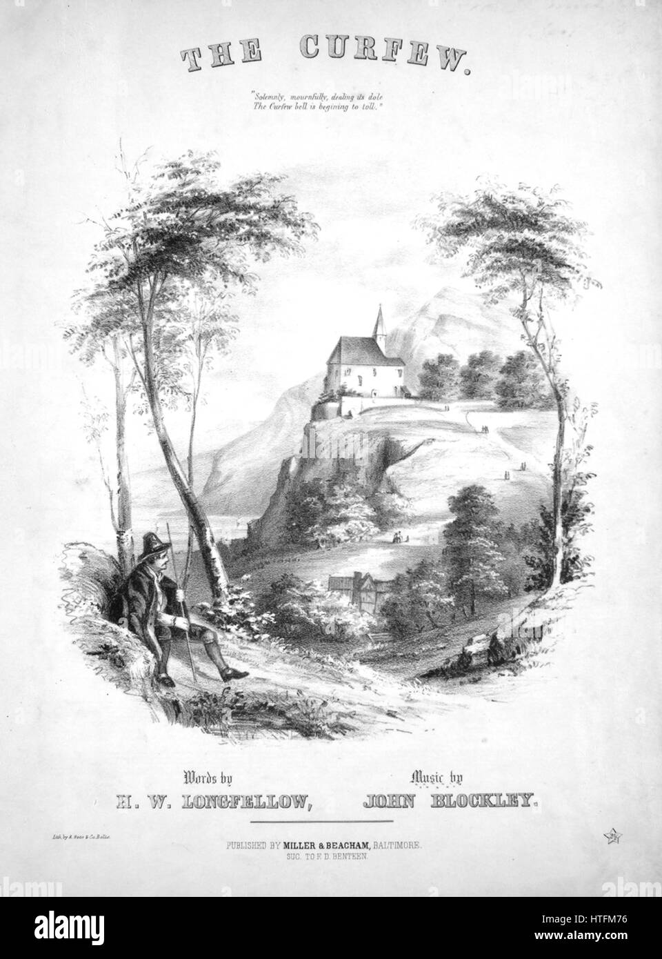 Sheet Music image de couverture de la chanson 'le couvre-feu', avec l'auteur original "Lecture notes Mots par H[enry][W] adsworth Music Longfellow par John Blockley', United States, 1900. L'éditeur est répertorié comme 'Miller et Beacham, Suc. de F.D. Benteen', la forme de la composition est "avec chœur trophique', l'instrumentation est 'piano et voix", la première ligne se lit "solennellement, tristement, traitant ses dole, le couvre-feu commence à Bell' sans frais, et l'illustration artiste est répertorié comme 'Lith. par A. Hoen et Co. Balto.'. Banque D'Images
