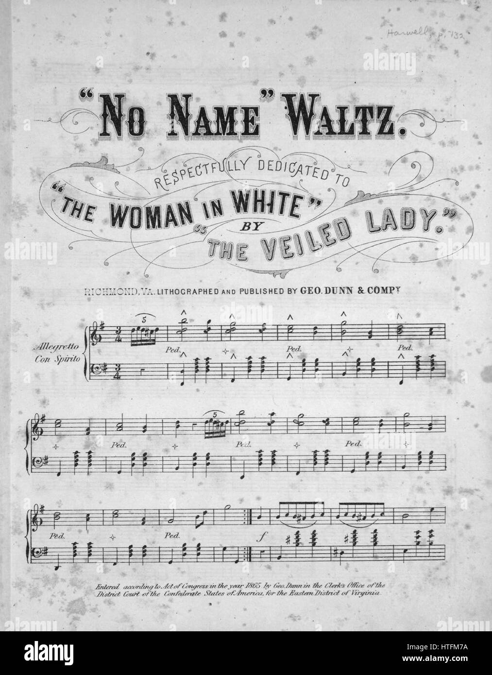 Sheet Music image de couverture de la chanson ''No' nom', Valse avec une œuvre originale lecture notes 'na', 1865. L'éditeur est répertorié comme "lithographiés et publié par Geo. Dunn et Compy', la forme de la composition est 'da capo', l'instrumentation est 'piano', la première ligne se lit 'Aucun', et l'illustration artiste est répertorié comme 'Aucun'. Banque D'Images