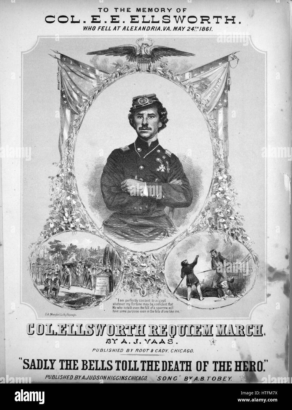 Sheet Music image de couverture de la chanson 'Col' Mars Requiem Ellsworth, avec une œuvre originale à lire 'notes' Vaas par AJ, United States, 1900. L'éditeur est répertorié comme "racine et Cady', la forme de la composition est 'da capo', l'instrumentation est 'piano', la première ligne se lit 'Aucun', et l'illustration artiste est répertorié comme 'Ed. Mendel. lith. Chicago'. Banque D'Images