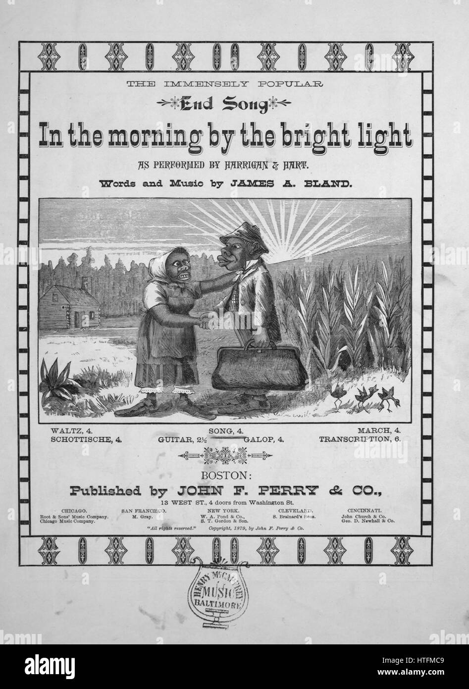 Sheet Music image de couverture de la chanson 'La très populaire chanson fin le matin par la lumière vive, avec des notes de l'auteur original à lire 'Paroles et musique d'un James Bland', 1879. L'éditeur est répertorié comme 'John F. Perry et Co., 13, rue de l'Ouest, 4 portes à partir de Washington St.', la forme de la composition est "avec chœur trophique', l'instrumentation est 'piano et voix (Solo et Choeur satb)', la première ligne se lit 'Je suis gwine loin par la lumière de la lune", et l'illustration artiste est répertorié comme 'Aucun'. Banque D'Images