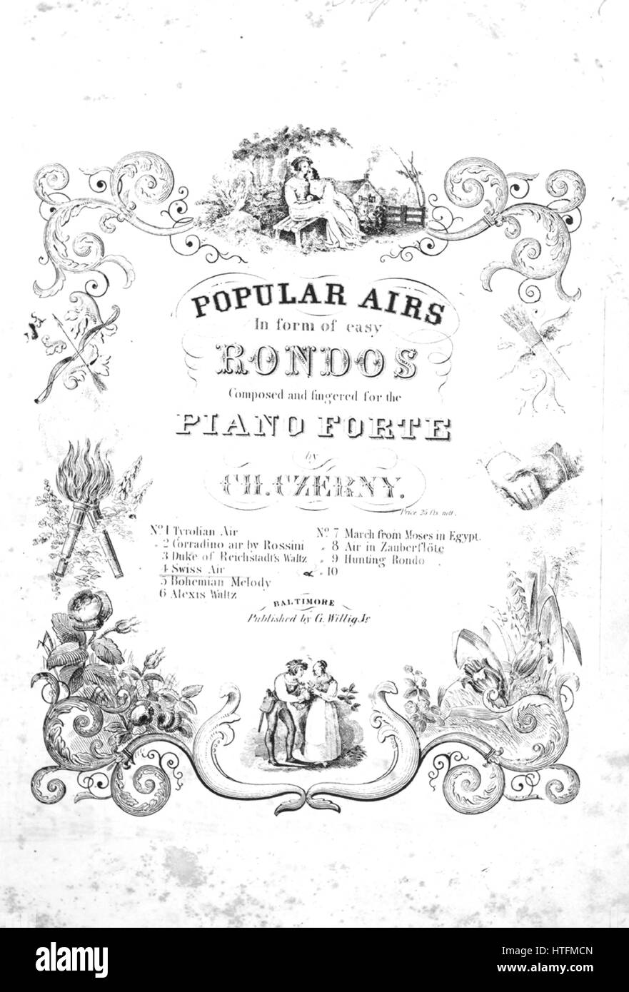 Sheet Music image de couverture de la chanson "Swiss Air sans titre de la série 4 airs populaires dans [la] forme de Rondos facile', avec l'auteur original "Lecture notes composé et doigter pour le piano-forte par ch' Czerny, United States, 1900. L'éditeur est répertorié comme "G. Willig Jr.', la forme de composition est 'sectional', l'instrumentation est 'piano', la première ligne se lit 'Aucun', et l'illustration artiste est répertorié comme 'Aucun'. Banque D'Images