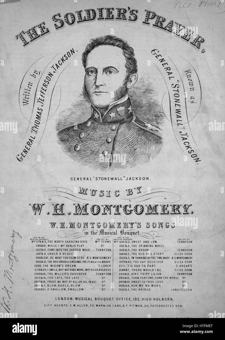 La couverture musicale de la chanson « The Soldier's Prayer », avec des notes originales de la rédaction lisant « Ecrit par le général Thomas Jefferson Jackson, connu sous le nom de général « Stonewall » Jackson Music par WH Montgomery », Royaume-Uni, 1900. L'éditeur est répertorié comme 'Musical bouquet Officer, 192 High Holborn', la forme de composition est 'trophique', l'instrumentation est 'piano et voix', la première ligne lit 'les battements de tatouage, les lumières sont partis, le camp autour de la lumber mensonges', et l'artiste d'illustration est listé comme 'None'. Banque D'Images