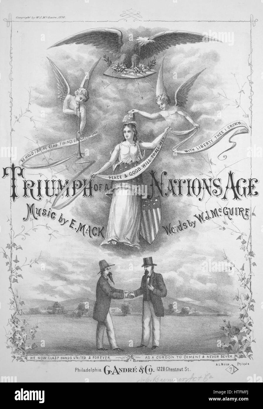 Sheet Music image de couverture de la chanson 'Triomphe de l'ONU [sic] Âge', avec une œuvre originale de la lecture des notes de musique par les mots par Mack WJ McGuire', United States, 1876. L'éditeur est répertorié comme "G. Andre et Co., 1228, rue Chestnut', la forme de la composition est "avec chœur trophique', l'instrumentation est 'piano et voix (solo et voix satb)', la première ligne se lit 'Shine ye étoiles plus brillantes votre ! Un rayon lumineux, proclame notre Centenaire', et l'illustration artiste est répertorié comme 'I.A. Weise Philada.'. Banque D'Images