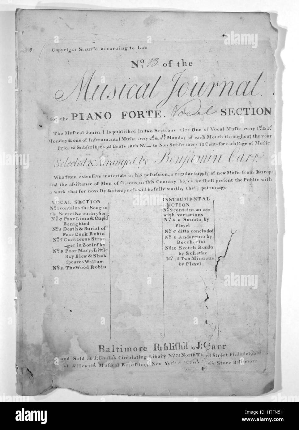 Sheet Music image de couverture de la chanson 'deux airs russes originales adaptées aux mots anglais Titre de la série n° 13 de la revue musicale pour le piano-forte Section Vocal', avec l'auteur original "Lecture notes et composé par Benjamin Carr', United States, 1900. L'éditeur est répertorié comme "J. Carr', la forme de la composition est 'Air 1 avec l'air ; s'abstenir strophique strophique 2', l'instrumentation est 'piano et voix (solo, duo, ou glee pour 3 voix)', la première ligne se lit '(1) dans ton constant spring morn est lavée avec larmes perlé (2) Prête-moi ta robe safran cher dieu de la joie s'abstenir pour (1) Banque D'Images