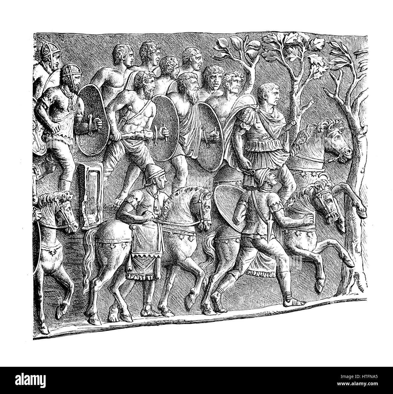 Gravure d'époque représentant l'empereur Trajan l'protégés par des guerriers allemands de gardes du corps, scène sculptée sur la victoire du colunm Trajan à Rome (II siècle) Banque D'Images