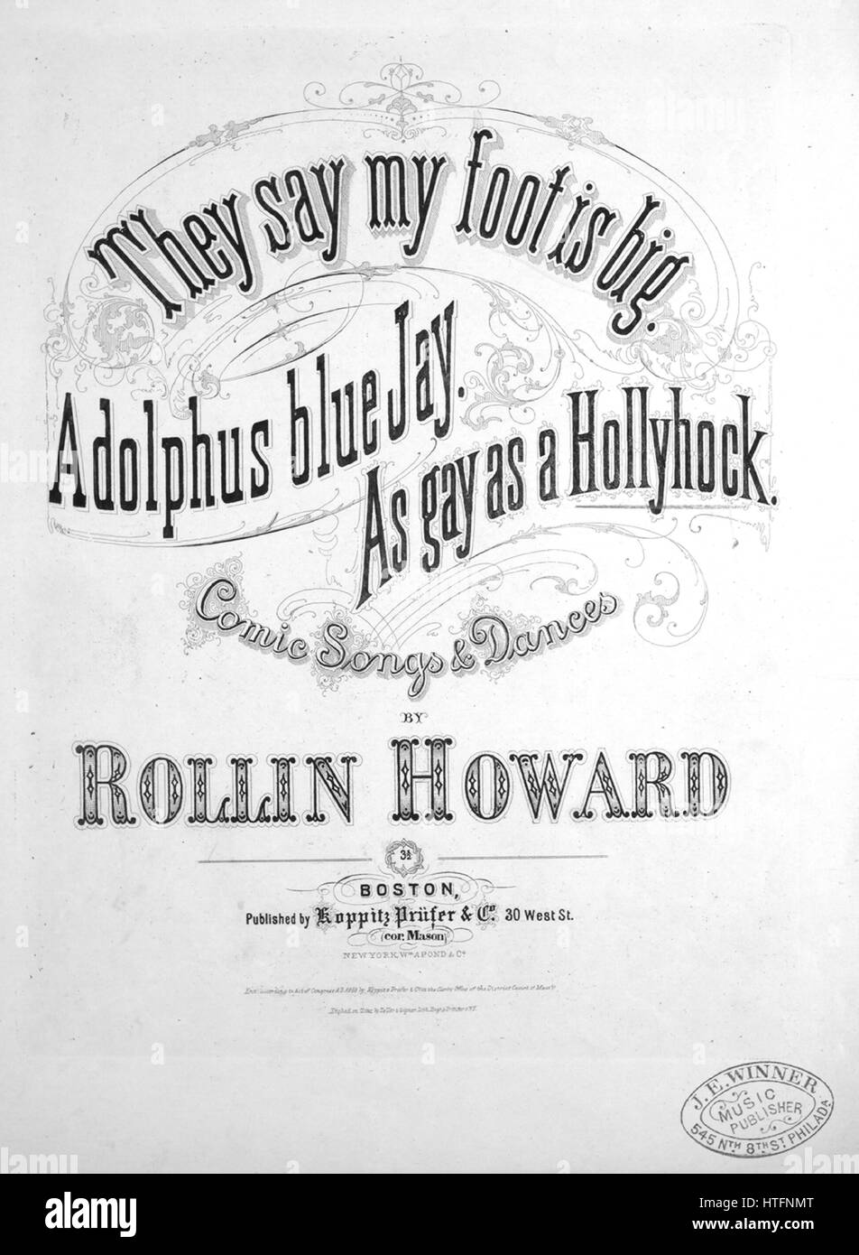 Sheet Music image de couverture de la chanson 'comme Gay comme une bande dessinée et Rose Trémière Chansons des Danois, avec l'auteur original "Lecture notes écrites et composées par Howard Rollin', United States, 1868. L'éditeur est répertorié comme "Koppitz Prufer et Co., 30, rue de l'Ouest (cor. Mason)', la forme de la composition est "avec chœur trophique', l'instrumentation est 'piano et voix", la première ligne se lit "Je viens de passer le jardin il y a un charmant endroit pour voir ?', et l'illustration artiste est répertorié comme "gravé sur le Zinc par Teller et Gipner, Lith. et imprimantes, N.Y. ; Davenport Bros. Fra'rs. et imprimantes". Banque D'Images