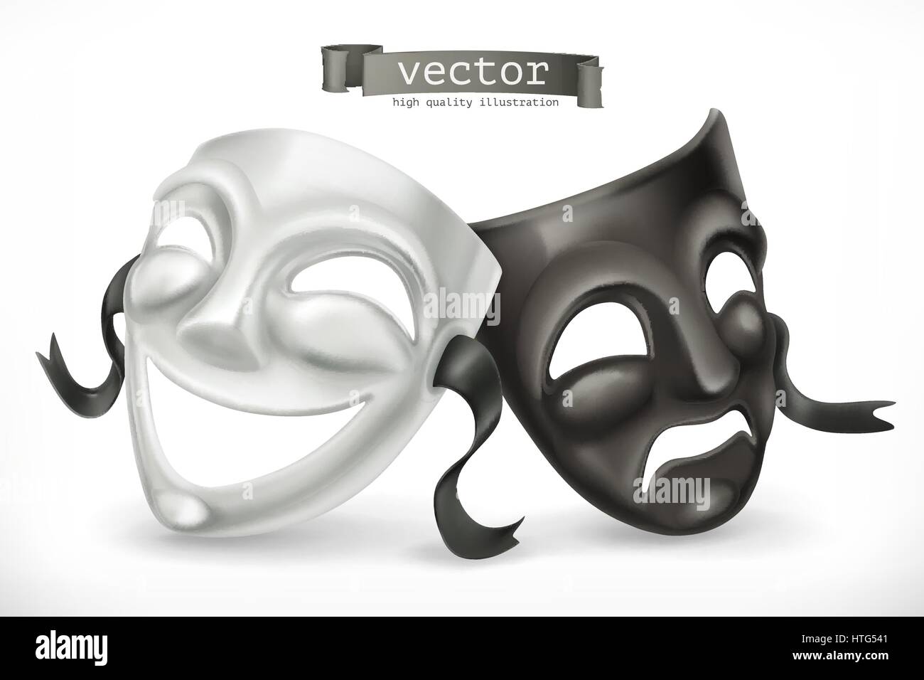 Le noir et blanc des masques de théâtre. La comédie et la tragédie, l'icône 3D de vecteur Illustration de Vecteur