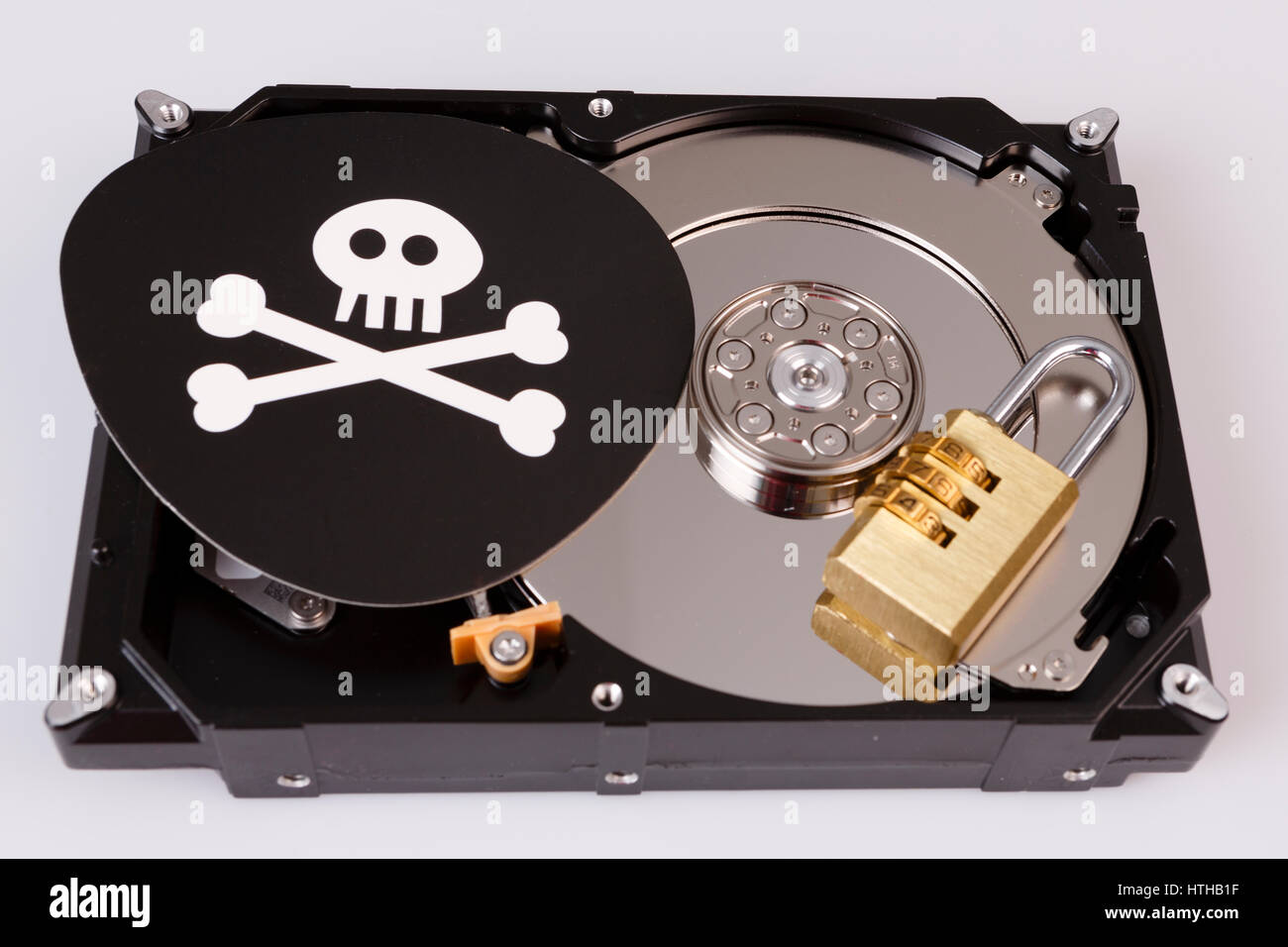 Crâne avec os et disque dur d'ordinateur, la cybersécurité, concept, malware, virus, ransomware Banque D'Images