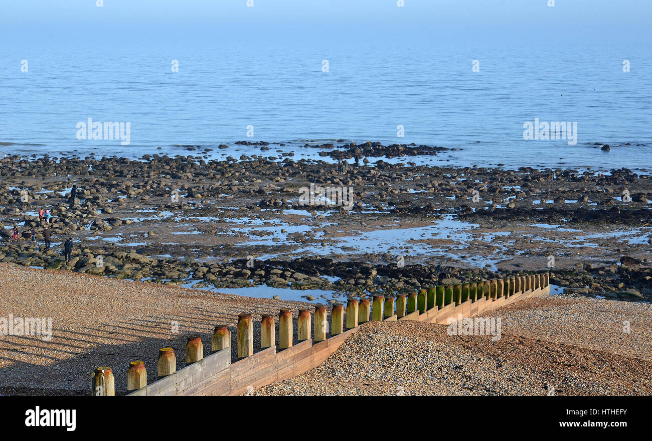 La plage d'Eastbourne et brise-vagues Banque D'Images