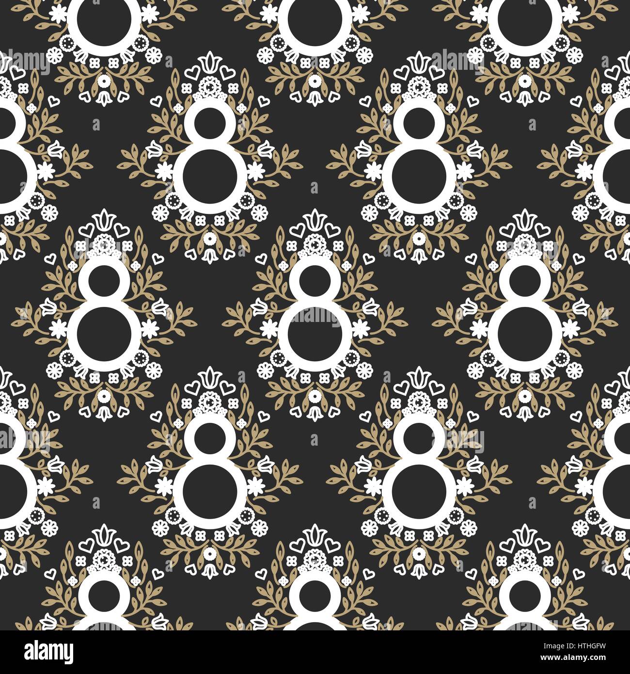 8 mars noir et or floral seamless vector pattern. Illustration de Vecteur
