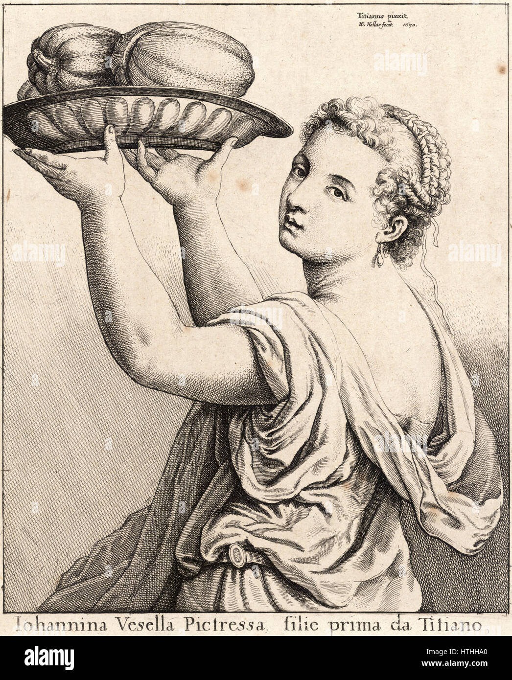 La gravure de Venceslas Hollar, « fille du Titien », capture un portrait détaillé de la fille de l'artiste, la dépeignant avec des traits délicats et des détails complexes, caractéristiques de la maîtrise de Hollar en gravure au trait. Banque D'Images