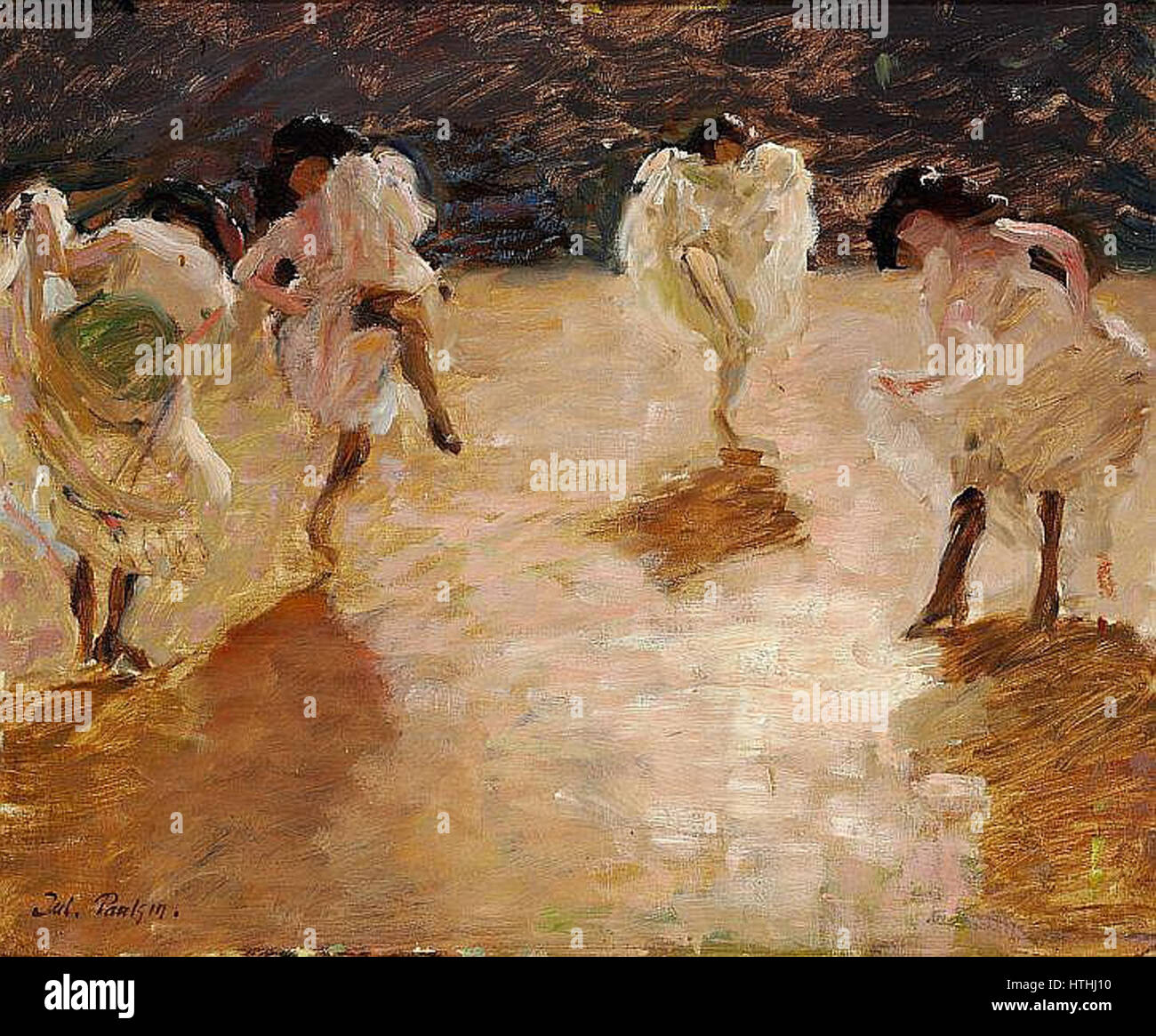 Une représentation vivante de jeunes femmes interprétant le cancan, une danse française de haute énergie populaire au XIXe siècle. L’œuvre met en valeur les poses dynamiques et les costumes colorés associés à la scène de danse parisienne animée. Banque D'Images