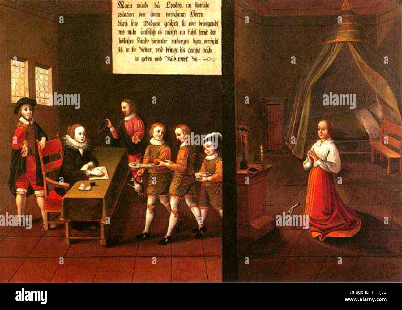 La « vie peinte de Marie Ward 20 » est une série d'œuvres illustrant des moments clés de la vie de Marie Ward, fondatrice de la Congrégation de Jésus. Ces peintures se concentrent sur son parcours spirituel, son travail éducatif et sa dévotion au service religieux, offrant un récit visuel de son impact sur l’église et l’éducation. Banque D'Images