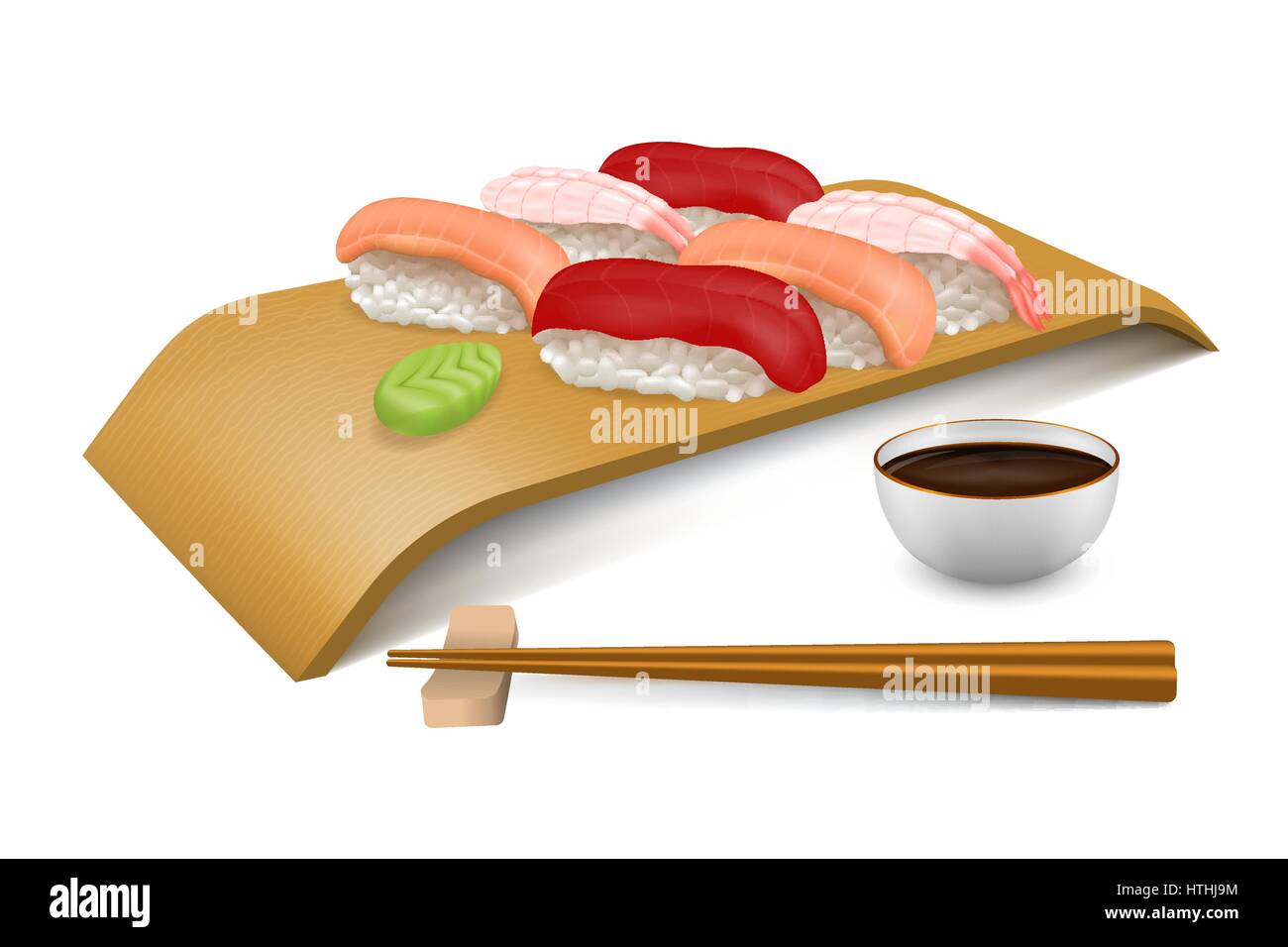 Set à Sushi thon, saumon et crevette nigiri sur planche de bois. Servir avec des baguettes, le wasabi et la sauce soja pour une personne. Collection de t japonais Illustration de Vecteur