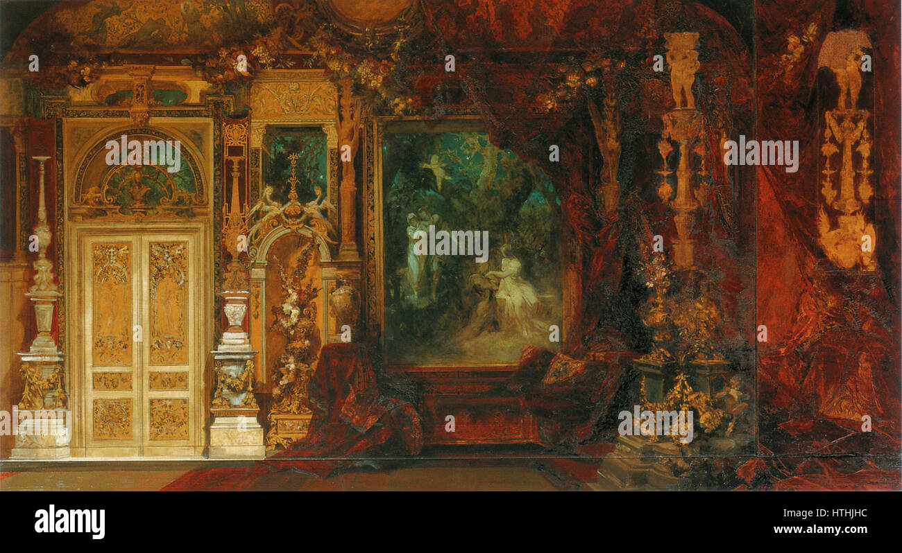 'Sommernachtstraum' (Un rêve de nuit d'été) de Hans Makart est une peinture vibrante inspirée de la pièce de Shakespeare. L'œuvre capture l'atmosphère magique et éthérée de la nuit de minuit d'été avec des couleurs dramatiques et des détails riches. Banque D'Images