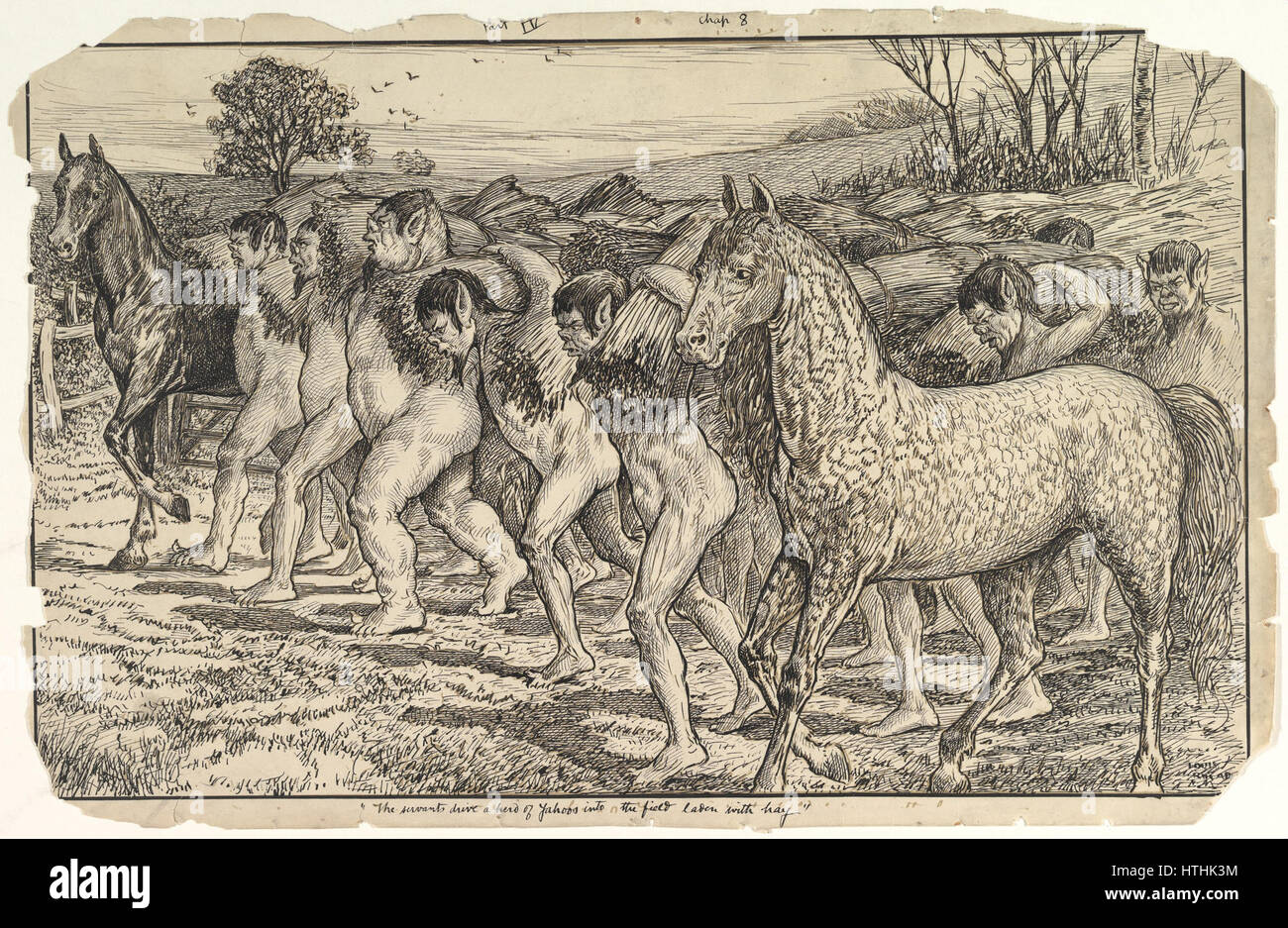 Les fonctionnaires conduire un troupeau de Yahoos dans le domaine, de voyages de Gulliver Banque D'Images