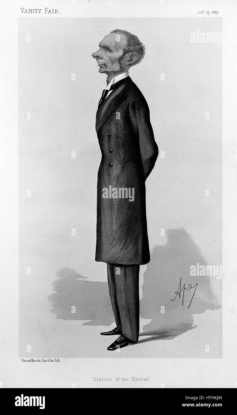 Cette lithographie de C. Pellegrini représente Sir Morrell Mackenzie, un éminent médecin connu pour ses contributions à la science médicale. La lithographie couleur capture sa ressemblance avec une précision détaillée, reflétant le style artistique de l'époque. Banque D'Images