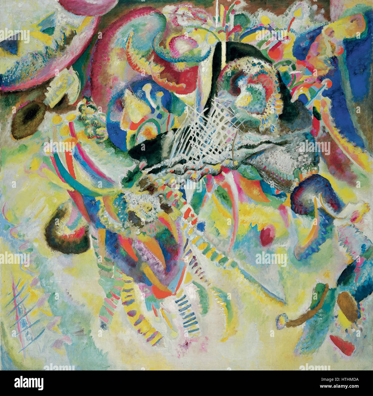 'Fugue' de Vassily Kandinsky, peint en 1914, explore des formes abstraites et des couleurs vibrantes, incarnant l'approche unique de Kandinsky en matière de musique visuelle. La peinture transmet des états émotionnels complexes à travers sa composition dynamique et son utilisation harmonieuse de la couleur, caractéristique de son travail abstrait précoce. Banque D'Images 'Fugue' de Vassily Kandinsky, peint en 1914, explore des formes abstraites et des couleurs vibrantes, incarnant l'approche unique de Kandinsky en matière de musique visuelle. La peinture transmet des états émotionnels complexes à travers sa composition dynamique et son utilisation harmonieuse de la couleur, caractéristique de son travail abstrait précoce. Banque D'Images