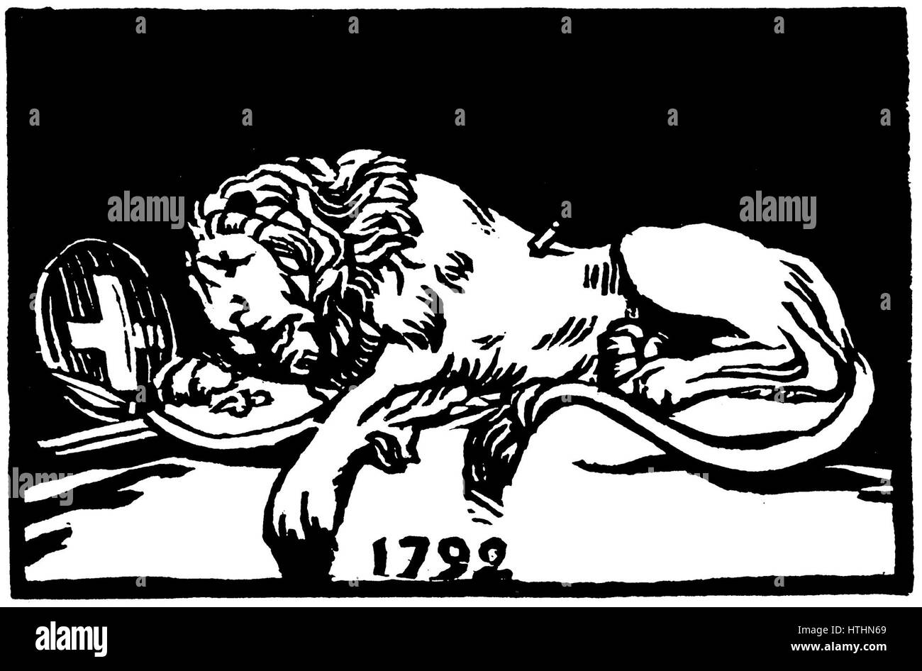 'Le Lion de Lucerne' (le Monument du Lion à Lucerne) est une sculpture célèbre créée par Bertel Thorvaldsen en 1820 pour commémorer les gardes suisses tués pendant la Révolution française. Le monument représente un lion mourant et symbolise le sacrifice et la loyauté. Banque D'Images
