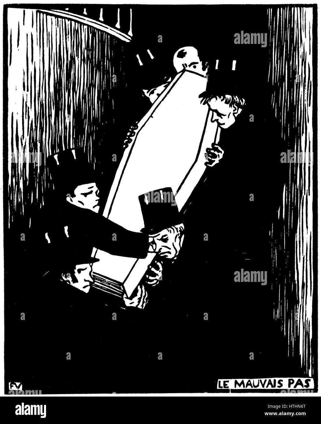 'Le mauvais pas' (1893) est une peinture française qui reflète le mouvement symboliste de la fin du XIXe siècle. L’œuvre, souvent interprétée comme véhiculant la tension entre le progrès et la tradition, utilise des couleurs moroses et une composition dynamique. Banque D'Images