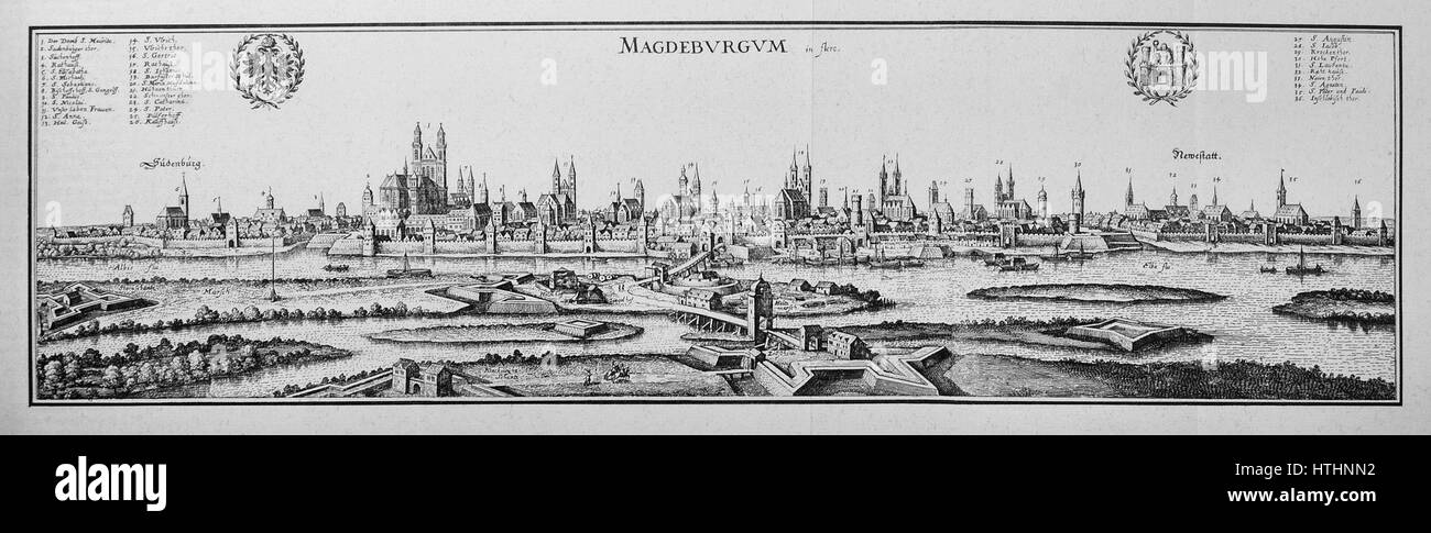 Cette gravure de Maria Sibylla Merian représente la ville de Magdebourg, mettant en valeur son architecture et son paysage urbain au XVIIe siècle. Connue pour ses illustrations détaillées, Merian capture l'environnement avec précision, mettant l'accent sur la structure urbaine et le paysage de l'époque. Banque D'Images