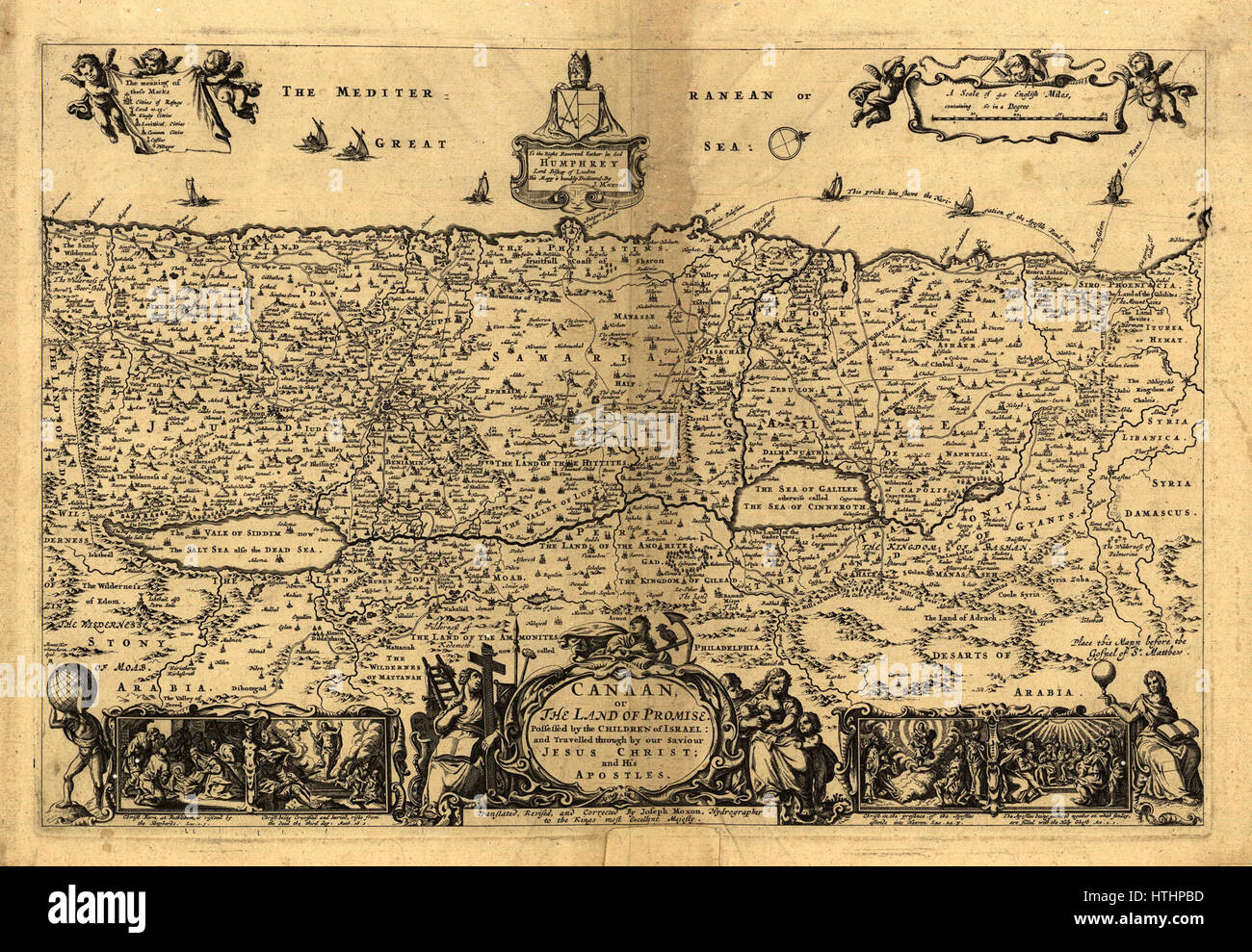 La carte de Joseph Moxon de 'Canaan, ou la terre de promesse' de 1700 représente la région biblique avec des détails géographiques et politiques. La carte illustre les anciennes frontières et les lieux clés de la Terre Sainte tels que décrits dans les textes religieux, offrant un contexte historique et religieux. Banque D'Images