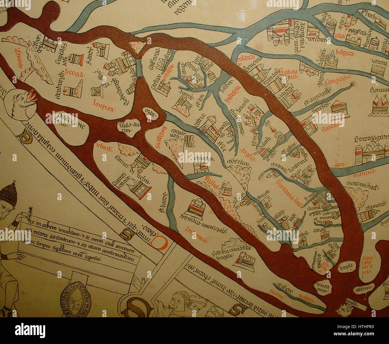 Le Hereford Mappa Mundi est une carte médiévale présentant le monde connu au XIVe siècle. Ce détail de la Grande-Bretagne met en évidence la compréhension géographique et la représentation des îles britanniques à l'époque médiévale. Banque D'Images