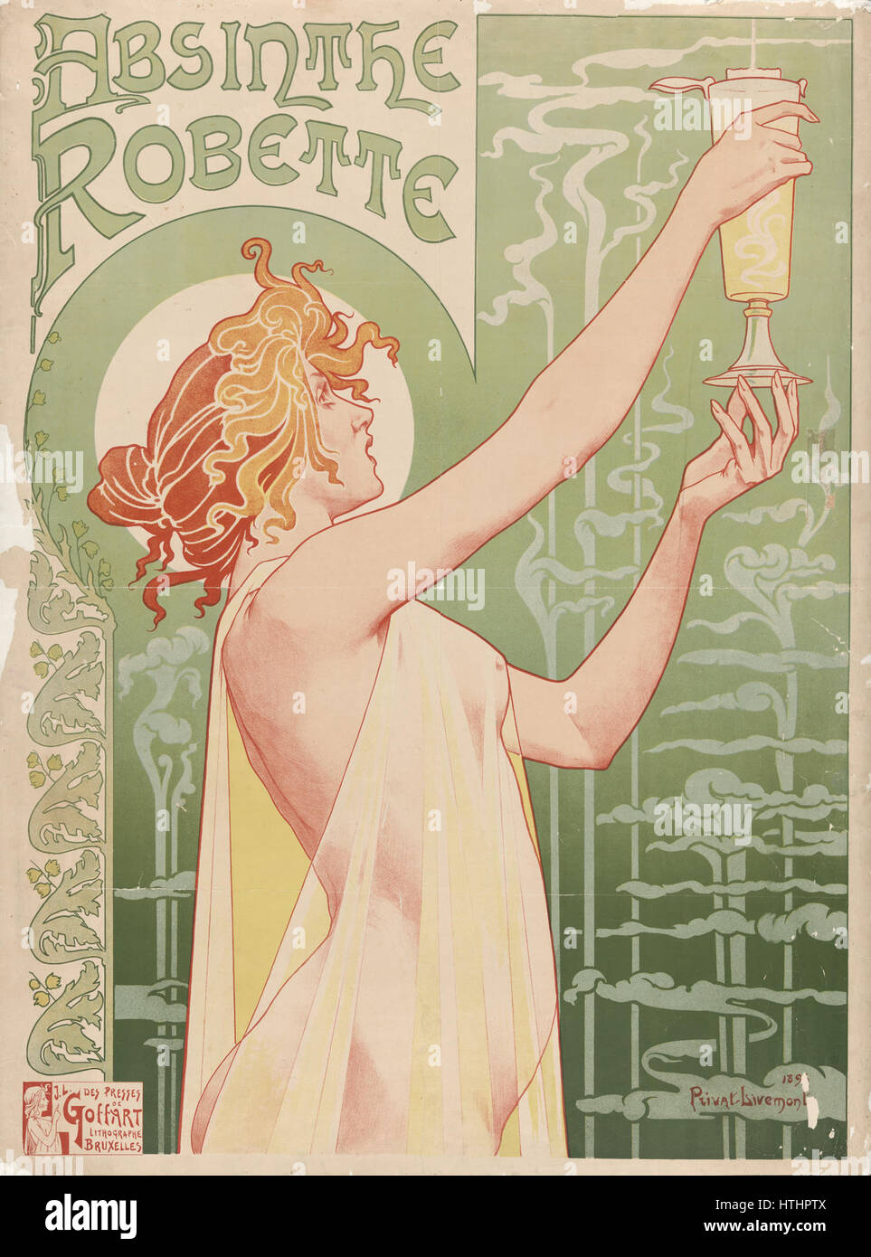 'Absinthe Robette' de Privat-Livemont est une affiche du mouvement Art Nouveau, mettant en scène une femme élégante avec un verre d'absinthe. L'œuvre reflète l'essor de la culture absinthe à Paris à la fin du XIXe siècle. Banque D'Images