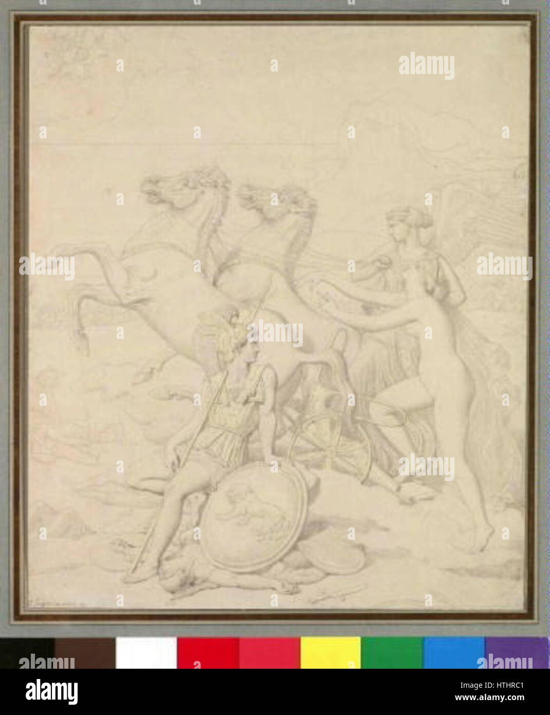 Jean Auguste Dominique Ingres, peintre néoclassique français de renom, a créé 'Vénus désarmant Diomède' au début du XIXe siècle. La peinture représente la scène mythologique où Vénus intervient dans la guerre de Troie, désarmant le guerrier Diomède. La maîtrise d’Ingres dans le rendu des figures et la composition reflète les idéaux classiques de beauté et d’harmonie. Banque D'Images
