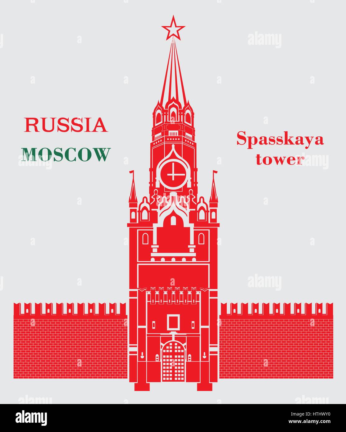 La tour Spasskaya du Kremlin de Moscou en couleur rouge sur fond gris Illustration de Vecteur