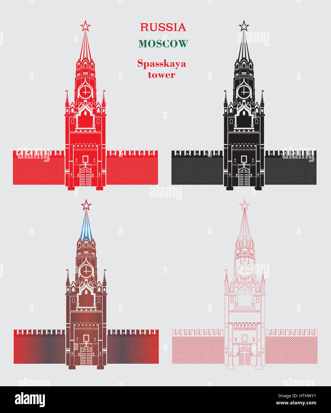 Mettre en quatre couleurs (rouge, noir , blanc coloré, couleurs) de la tour Spasskaya du Kremlin de Moscou sur fond gris Illustration de Vecteur
