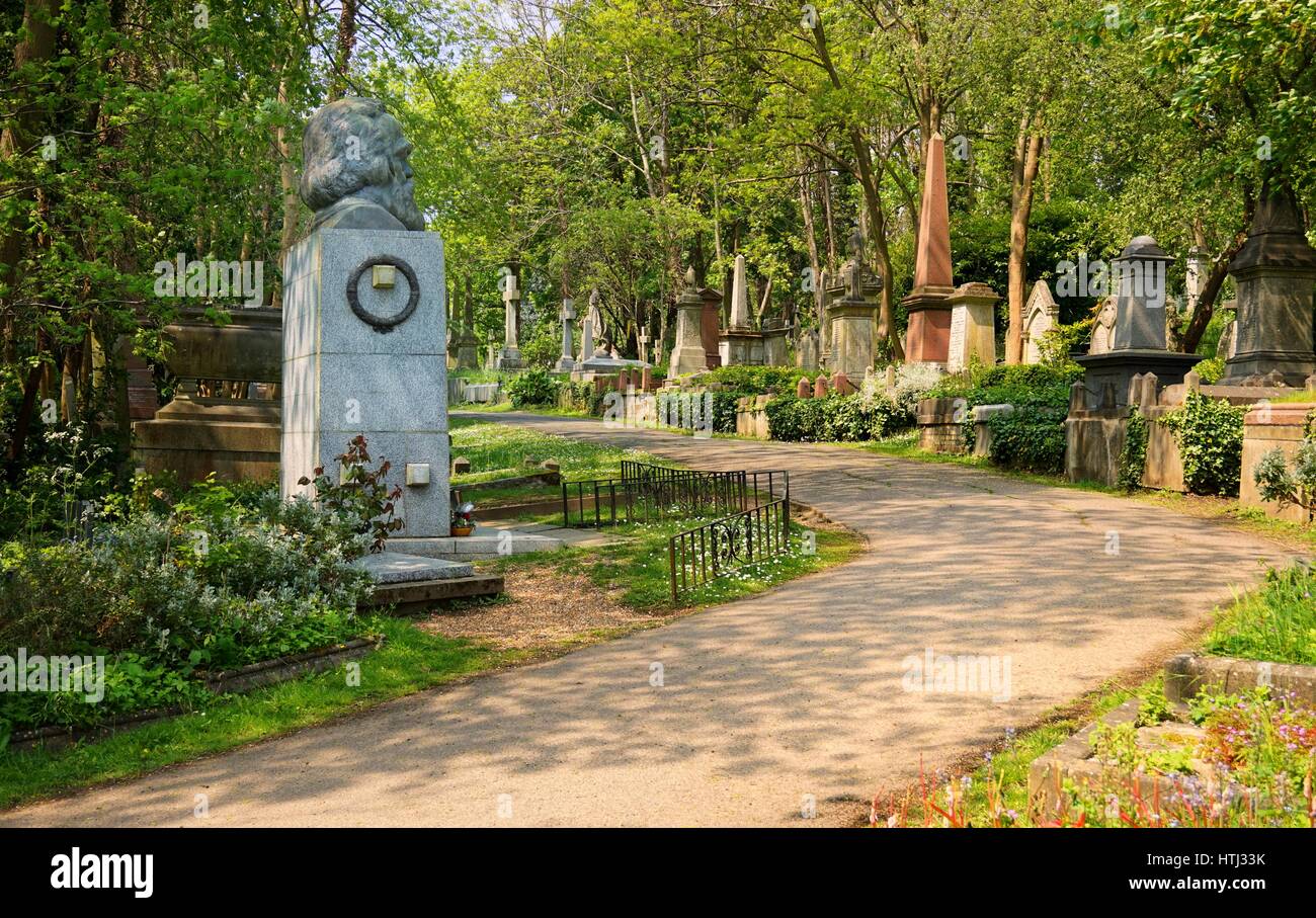 HIGHGATE, LONDRES, ROYAUME UNI - 12 mars 2016 : Chemin menant à travers le cimetière de l'est passé le monument à Karl Marx Banque D'Images