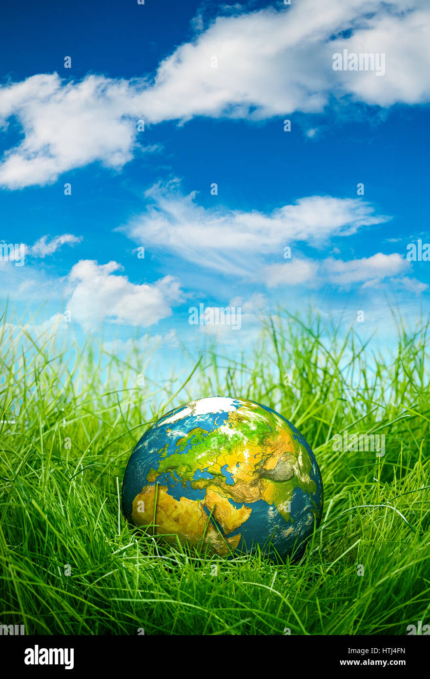 Globe se trouve sur l'herbe verte. Concept - Jour de la Terre. Banque D'Images