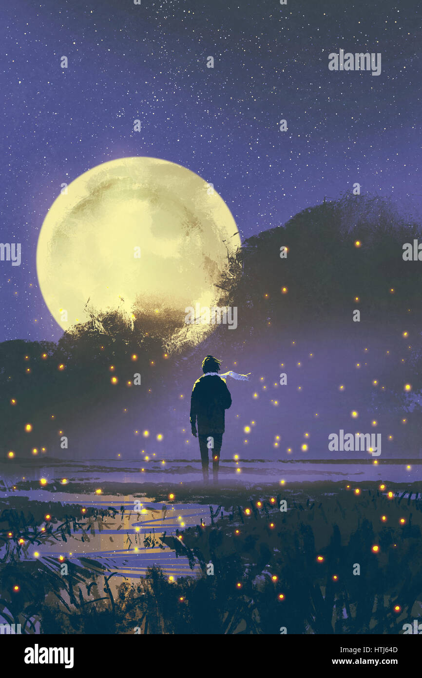 Paysage de nuit de l'homme debout dans swamp de lucioles et la pleine lune sur le contexte,illustration peinture Banque D'Images