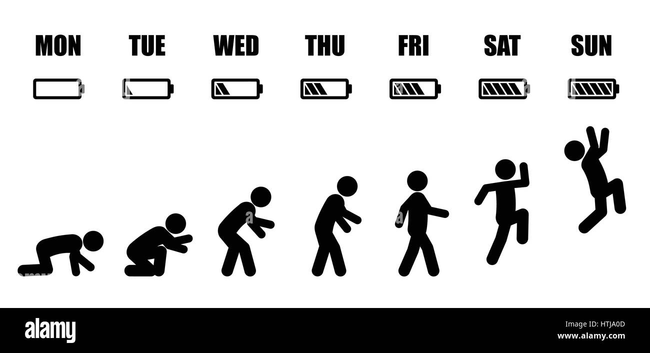 Résumé du cycle de vie de travail du lundi au dimanche en concept stick  figure noir sur fond blanc de style Image Vectorielle Stock - Alamy